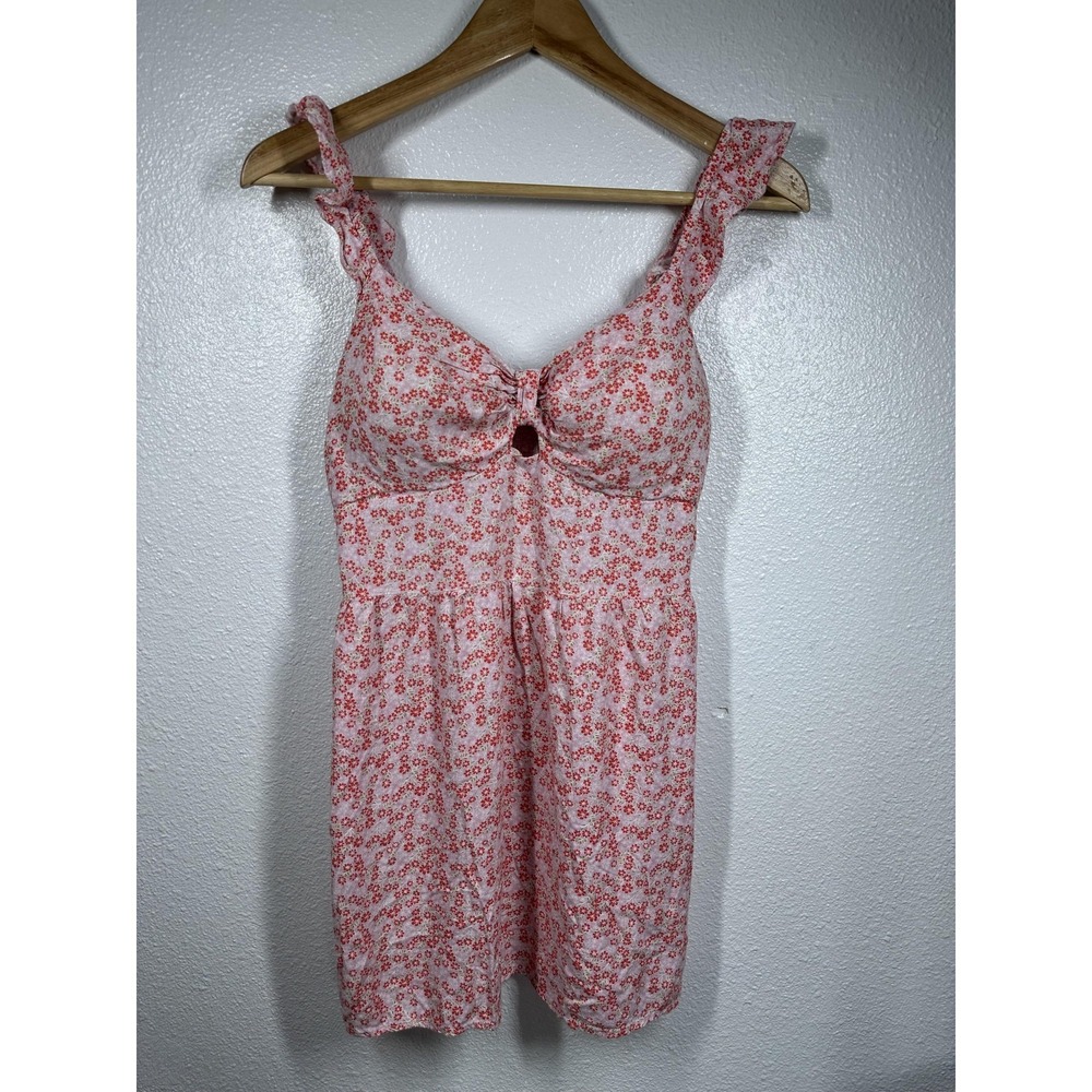 AUW Top Womens Medium Pink Red Floral Smocked Back Ruffle‎ Strap Keyhole Boho